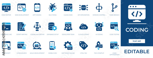 Coding solid icon set.Programming and computing developer elements for database program, network system, software technology, and website script.