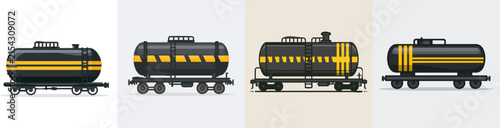 A minimalist railroad oil tank car illustration features a sleek black cylindrical body with yellow hazard stripes, straight side view, orthographic projection, clean dark outlines on a solid white
