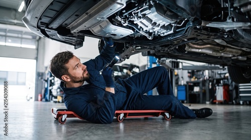 A man lies on a rolling cart beneath a car in an auto repair shop. He uses a wrench to examine the engine and perform repairs. Tools are scattered around, and the shop has various vehicles