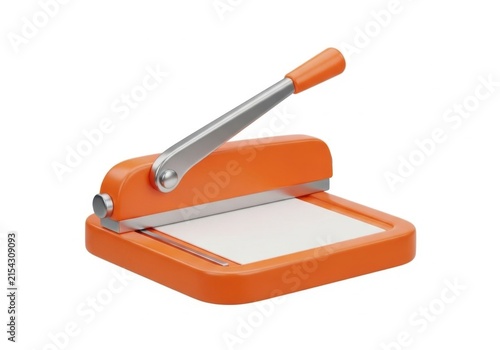 Orange paper cutter guillotine trimmer with paper on white background
