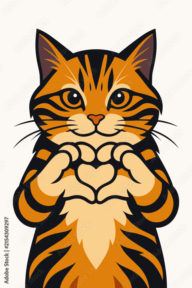 Fototapeta premium adorable striped orange tabby cat making heart shape hands love affection gesture domestic pet animal character mascot sticker decal graphic apparel poster print design artwork 