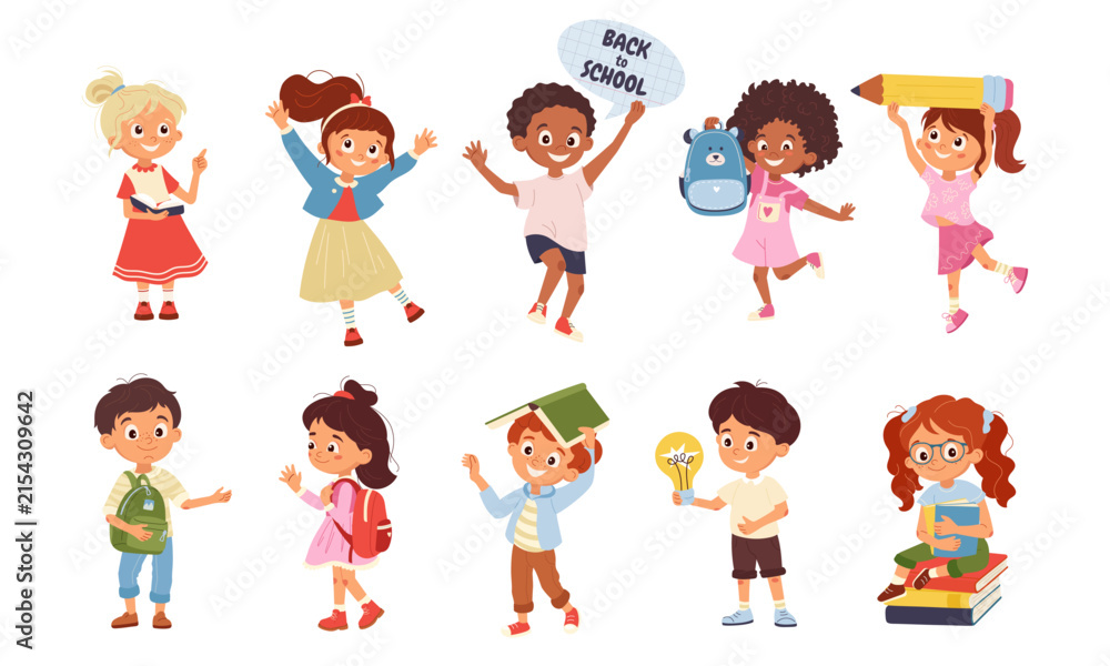 Fototapeta premium Cute back to school children vector character set featuring diverse students with books, backpacks and classroom accessories Perfect for educational materials, posters, stickers, kids' websites design