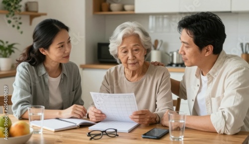 Adult siblings coordinating care with their elderly mother at home, illustrating shared caregiving responsibility, family teamwork, communication, dignity, and healthy aging.