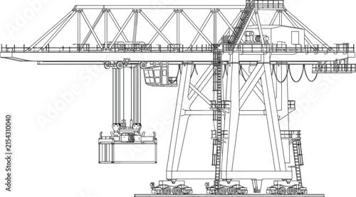 Container Port Gantry Crane Technical Line Drawing Industrial Cargo Handling Equipment Illustration