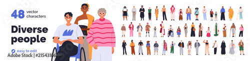 Different people, diverse men and women characters set. Diverse young and old people, various humans, person in wheelchair. Different male and female characters. Flat vector illustrations isolated.