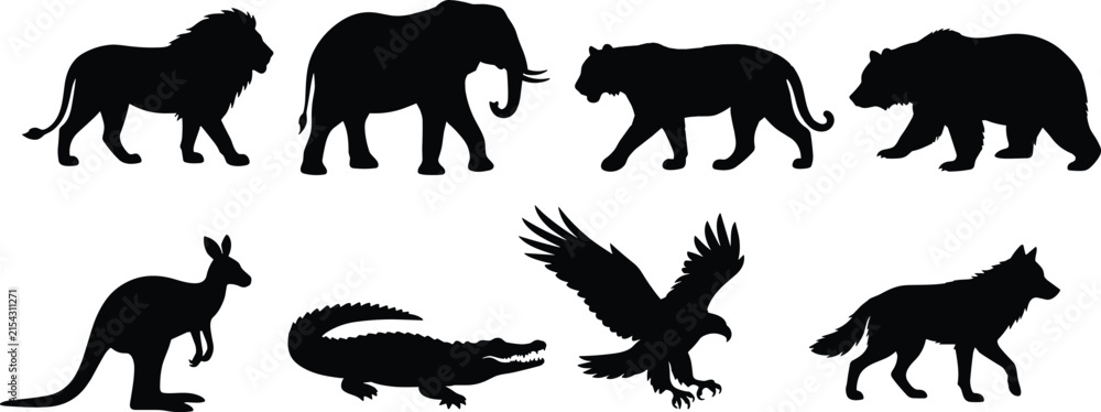 Obraz premium Black Silhouette Vector Set of Diverse Wild Animals from Different Habitats