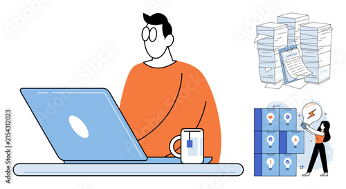 Person working on laptop with document stacks and creative idea generation vector illustration. Business efficiency, task management, corporate workflow, project planning, deadline, innovation