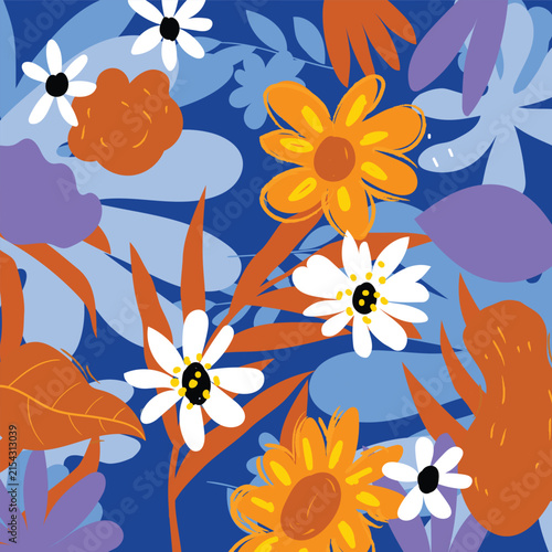 Floral pattern flowers, leaves, and organic botanical shapes background. Hand-drawn botanical aesthetic ideal for fabric, wallpaper, packaging, stationery, textiles, home decor, and surface pattern.