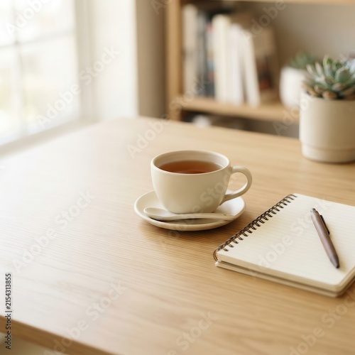 Morning Workspace with a Warm Cup of Tea and Notebook for Mindful Journaling and Creative Planning in a Minimalist Home Interior Setting