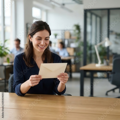 Professional Woman Delighting in Positive News While Holding a Sealed Envelope Within a Bright Contemporary Corporate Office Workspace Setting