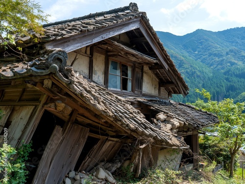 Tapety artystyczne 青空の下に佇む山あいの集落で瓦屋根が大きく崩れ落ち倒壊した日本の古い空き家と山の景色