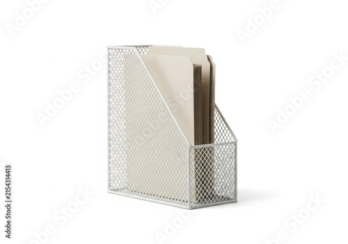 White mesh magazine holder with paper folders on white background