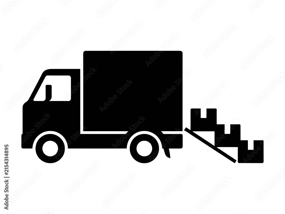 Fototapeta premium Black silhouette icon of a delivery truck with stacked cardboard boxes on a ramp