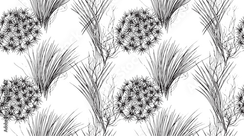 Hand Drawn Dandelion Seed Heads and Botanical Leaves Seamless Pattern