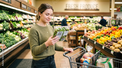 A woman stands in a grocery store looking at a package of fresh greens. She holds a shopping cart filled with fruits and other items. The store has many colorful vegetables