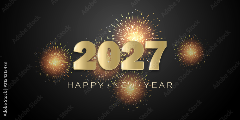 Naklejka premium Christmas and New Year's background with text, golden numbers and fireworks on a dark background. A template for a holiday flyer, invitation, or banner. Vector EPS 10.