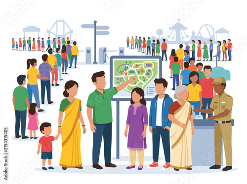 Crowded public space with group of people in India, overpopulation challenges, urban infrastructure planning, community interaction and social