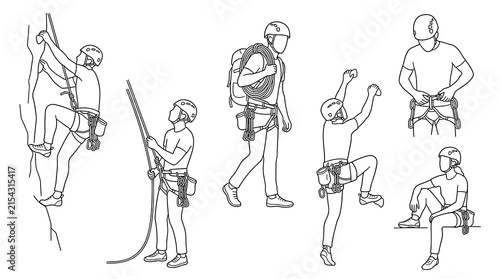 Set of line drawings featuring people climbing mountains, hiking, and active outdoor adventure sports, perfect for technical diagrams or logos