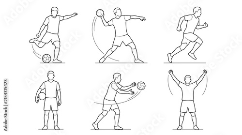 Set of black dashed line people silhouettes in various sports activities, running, throwing, and celebrating, athletic movement, healthy lifestyle
