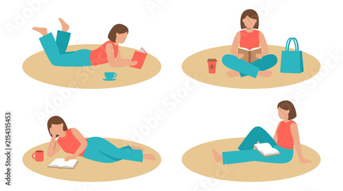 Four diverse women reading books in relaxed poses on beige circular mats, enjoying leisure time indoors or outdoors, illustration