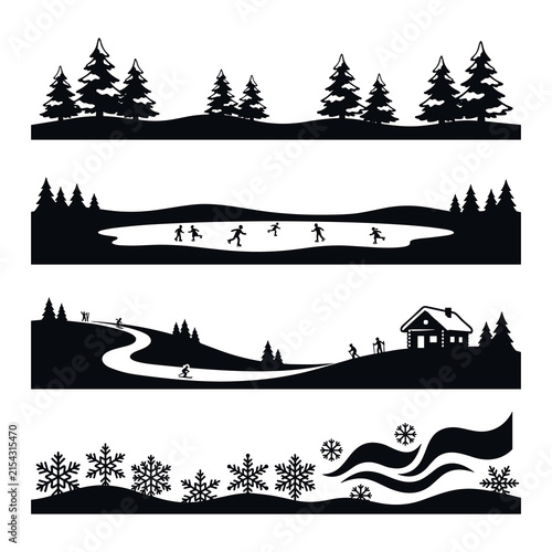 Set of four horizontal winter landscape silhouettes featuring pine forests, ice skating, cabin house, and snowflake patterns, perfect for holiday