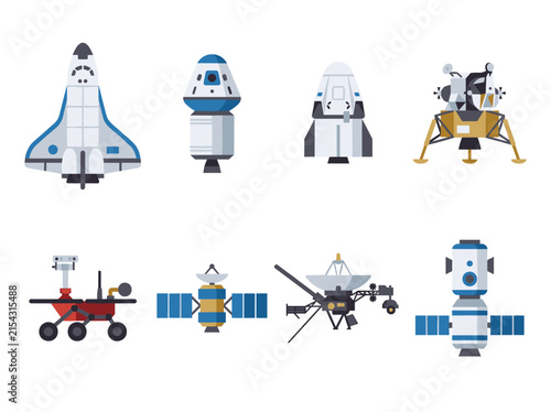 Set of space vehicles including shuttle, lunar module, mars rover, and satellite, flat vector icons for science, exploration, aerospace technology