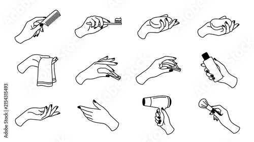 Set of hand icons, simple outline drawings depicting various actions and holding objects, diverse gestures and manipulations, isolated vector