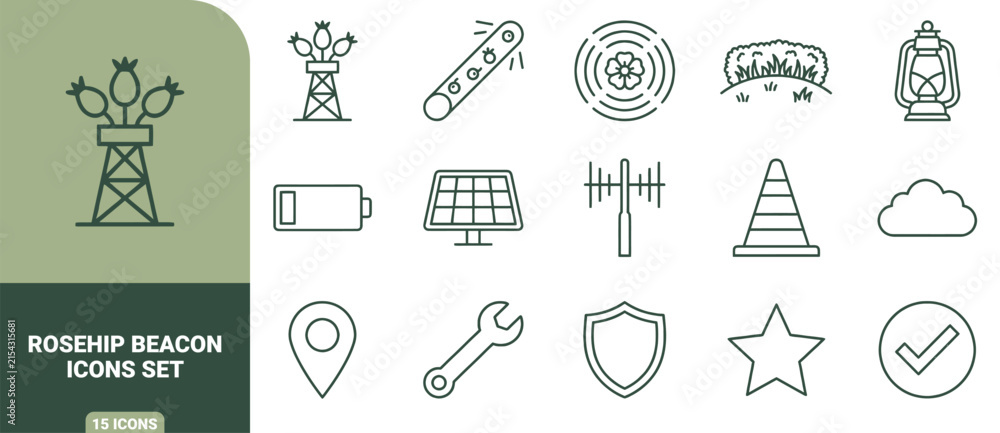 Fototapeta premium Rosehip beacon icons set featuring green outline symbols of towers, plants, solar panels, and tools on a light background