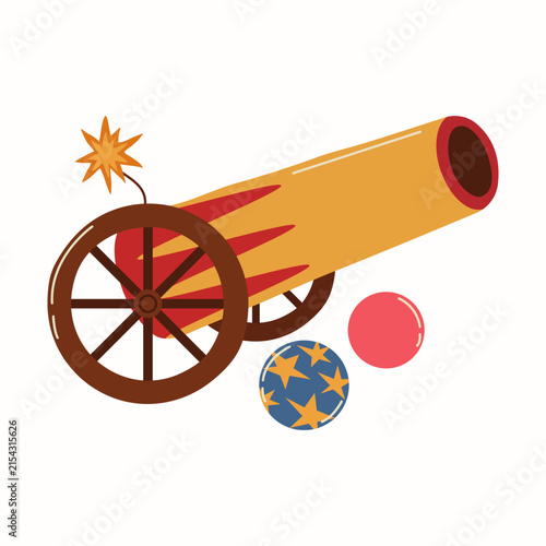 Circus cannon with lit fuse and two cannonballs in colorful hand drawn style. Ideal for posters, banners, invitations, stickers, dramatic carnival or entertainment designs. Flat illustration