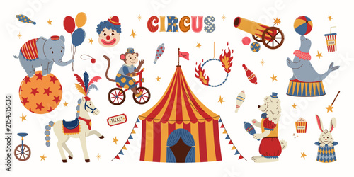 Circus elements set with tent, lettering, elephant, horse, seal, monkey, clown, poodle, rabbit in hat and cannon in colorful hand drawn style. Ideal for poster, banner, invitation and kids designs.