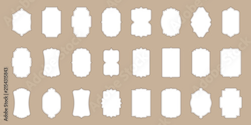 Set of 24 ornate vintage label frames in elegant classic line art isolated on a light background. Ideal for invitations, branding, packaging, stationery and print designs. Flat vector illustration