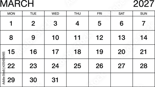 March 2027 calendar displaying all dates of the month in a simple grid format