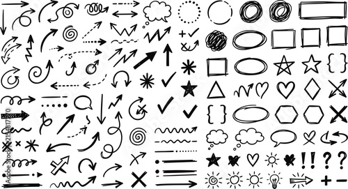 Fotografía Hand drawn arrow set and doodle shapes, black ink sketch elements on white backg