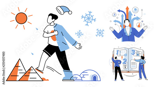 Seasonal transition and strategic planning vector illustration. Climate change, weather adaptation, business strategy, decision making, project management, educational growth. Changing seasons