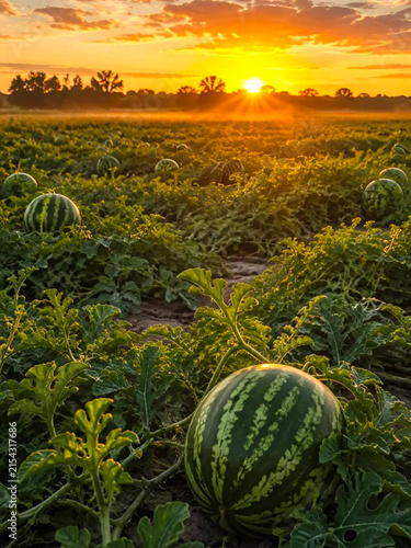 Ripe Watermelons Growing in Field at Golden Sunrise