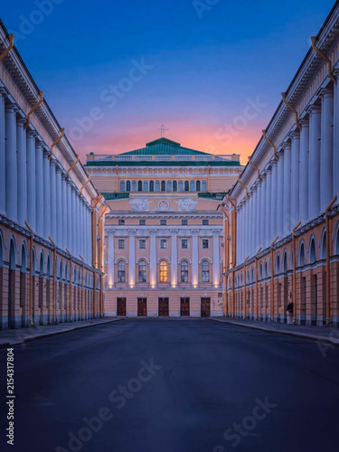 Neoclassical Architectural Street Perspective at Twilight