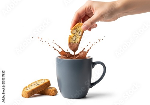 Hand dipping almond biscotti into a splashing cup of hot chocolate