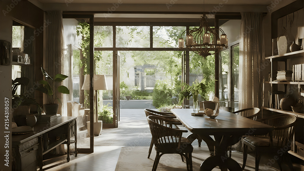 Fototapeta premium Modern interior dining room with large glass windows overlooking a lush garden