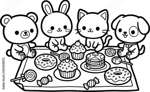 Foto Animal cute coloring page in donut cupcake dessert of bear bunny cat dog kawaii