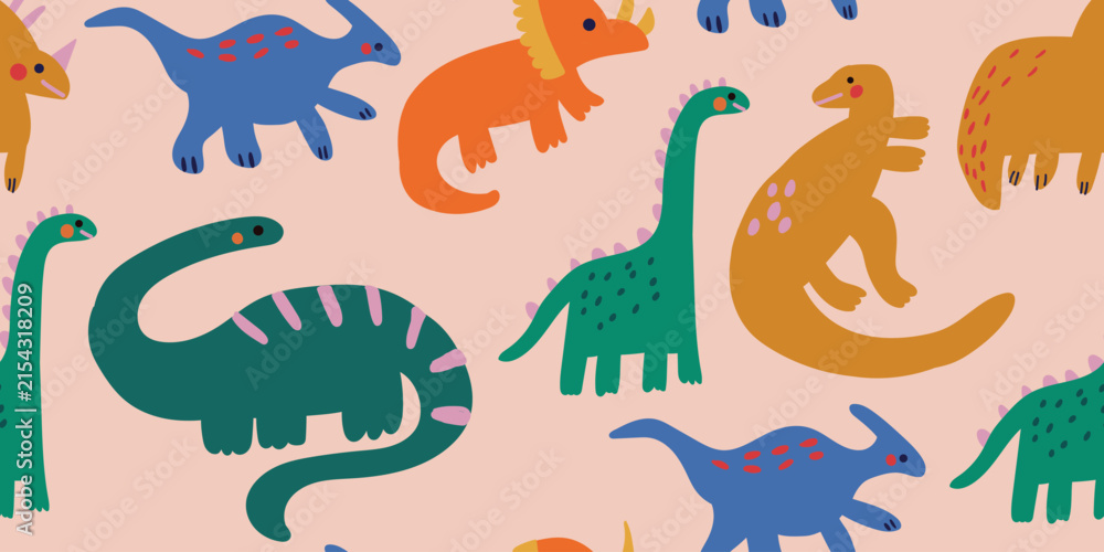 Fototapeta premium Cute seamless pattern featuring colorful hand drawn dinosaurs in soft green, orange and golden tones on a warm peach background. A playful Scandinavian nursery design with friendly prehistoric animals