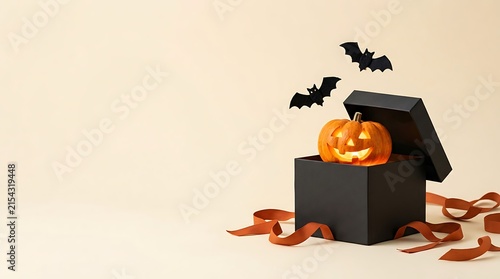 Small carved jack o lantern pumpkin inside a black gift box with paper bats on a beige background