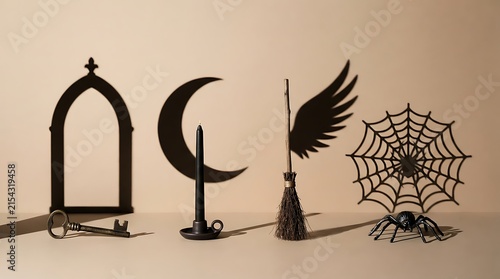 Set of mystical gothic decor items including a moon arch angel wing and spider web on a neutral background