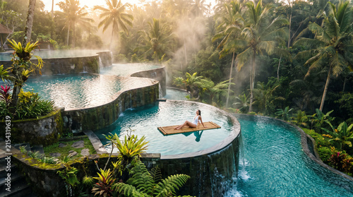 A serene multi-tiered infinity pool nestled in the dense tropical jungle of Ubud, Bali. A relaxed woman floats very peacefully on a raft in crystal clear turquoise water.
