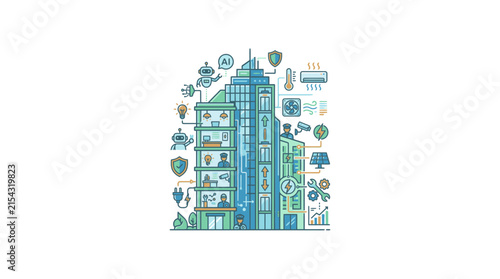 Smart building automation system integrates AI technology and green energy management.