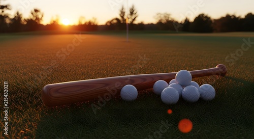 Baseball bat and balls on a field at sunset