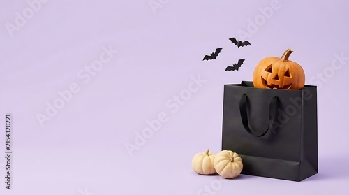 A small carved jack o lantern pumpkin sitting in a black paper shopping bag with bats on purple background