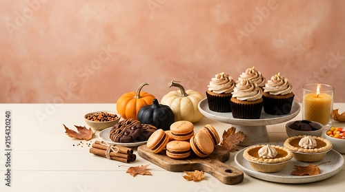 Festive autumn dessert table featuring pumpkin cupcakes cookies and small pies with seasonal decorations on a rustic surface