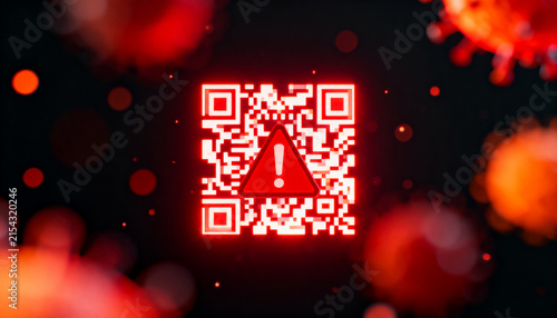 a glowing QR code with a red warning symbol overlaid on it