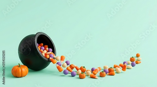 Black plastic cauldron spilling colorful candy and small pumpkins on a soft light green background for halloween celebration