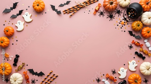 Festive halloween holiday background with pumpkins bats and ghost decorations arranged on a soft pink surface copy space